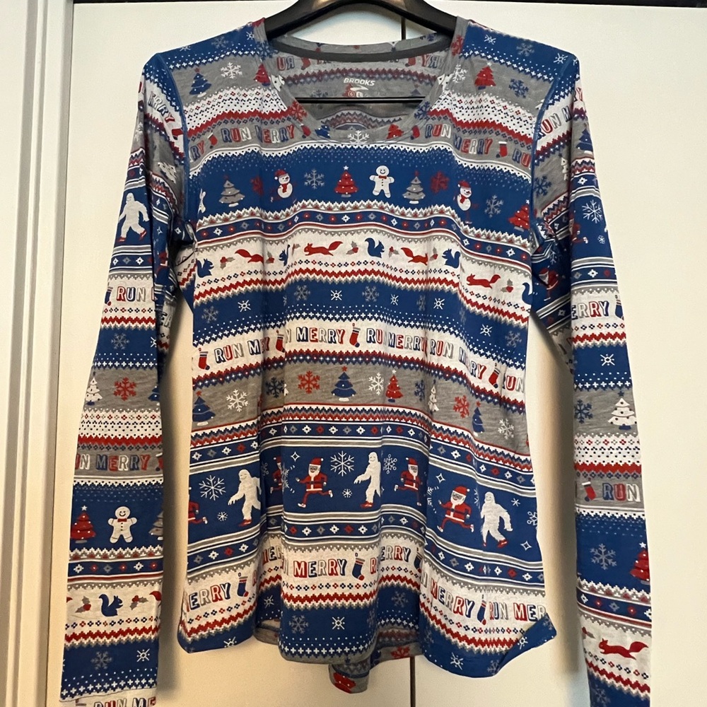 Brooks Blue Distance Run Merry Christmas Holiday Fair Isle L/S Top Large